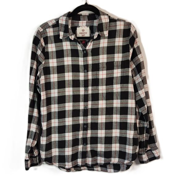 SO Cotton Perfectly Soft Flannel Large Women's Jrs White Black Plaid Button Up - Picture 1 of 5